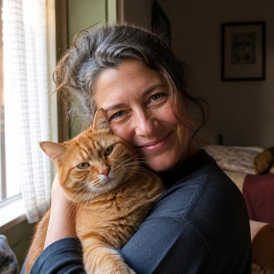 Une femme serre son chat roux contre sa joue