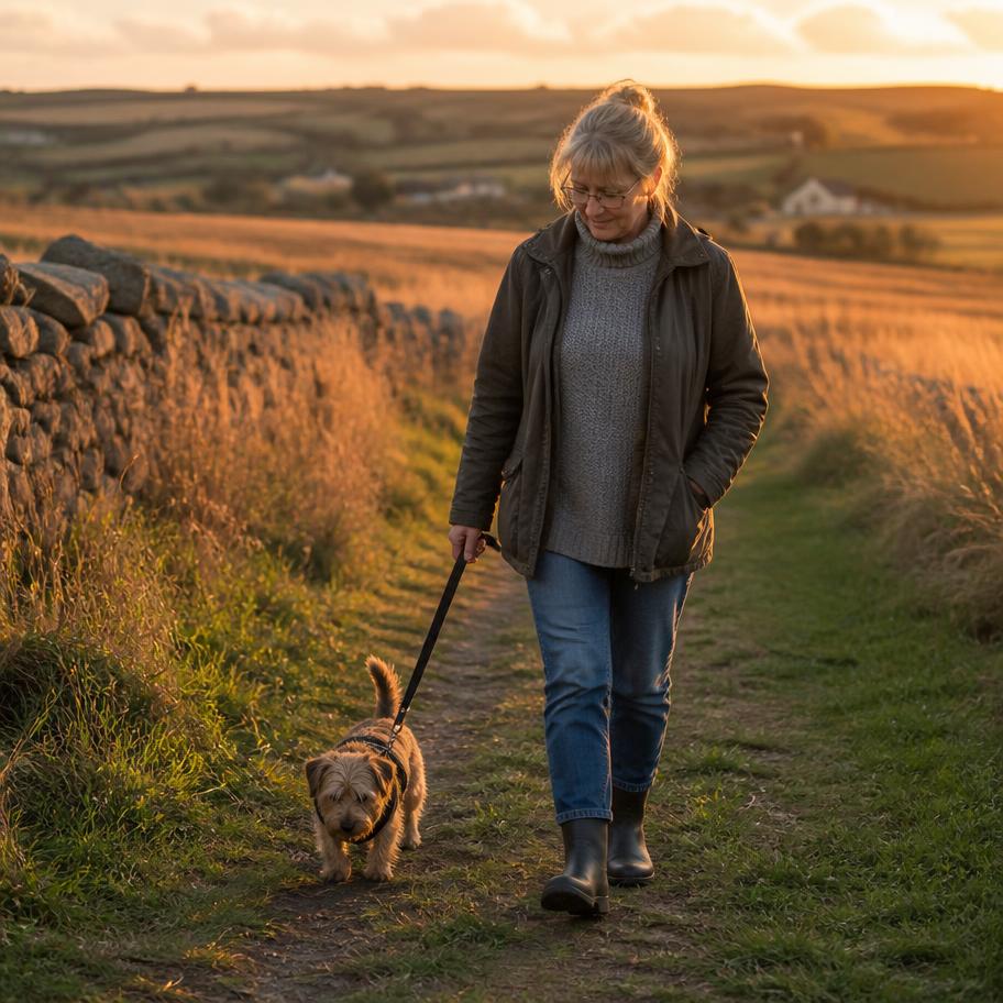 Une femme promène son petit chien sur un chemin de campagne au coucher du soleil